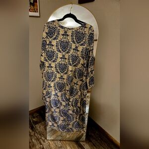 SHEIN Blue and Beige Patterned Dress